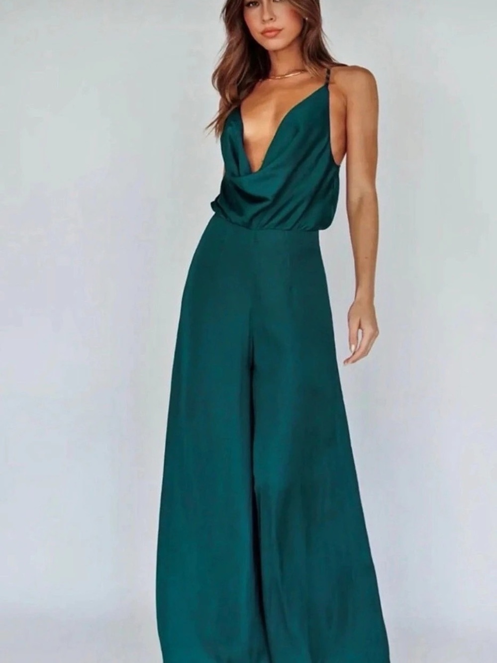 Jaclyn Wide-Leg Cowl Neck Jumpsuit Forest Green